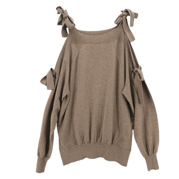 SEE BY CHLOE Cold Shoulder w/ Ties Sweater Olive Brown Merino Wool Blend SMALL - Picture 2 of 9
